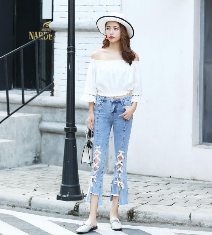 SZ60160 Fashion Women Flare Split Hem Slim Denim Jeans